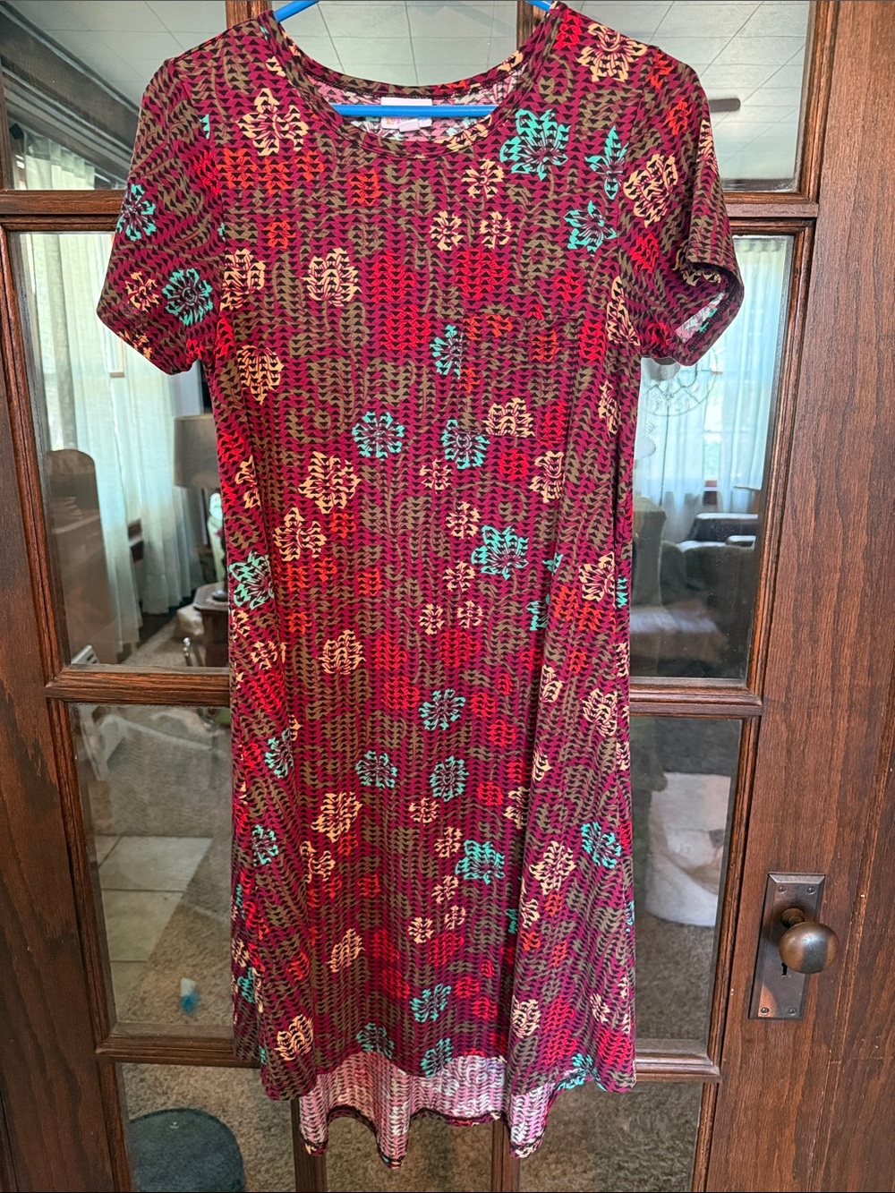 LuLaRoe Carly Dress Womens XS Red Teal Floral Geometric High Low Swing Pocket